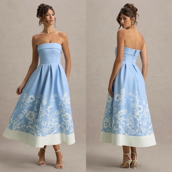 knee length dresses for ladies Annalise Ecru Bandeau Skater Midi Dress – Club L London main image 0